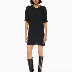 Wilfred Poppins Black Collared Button-Up Puff Sleeve Mini Dress